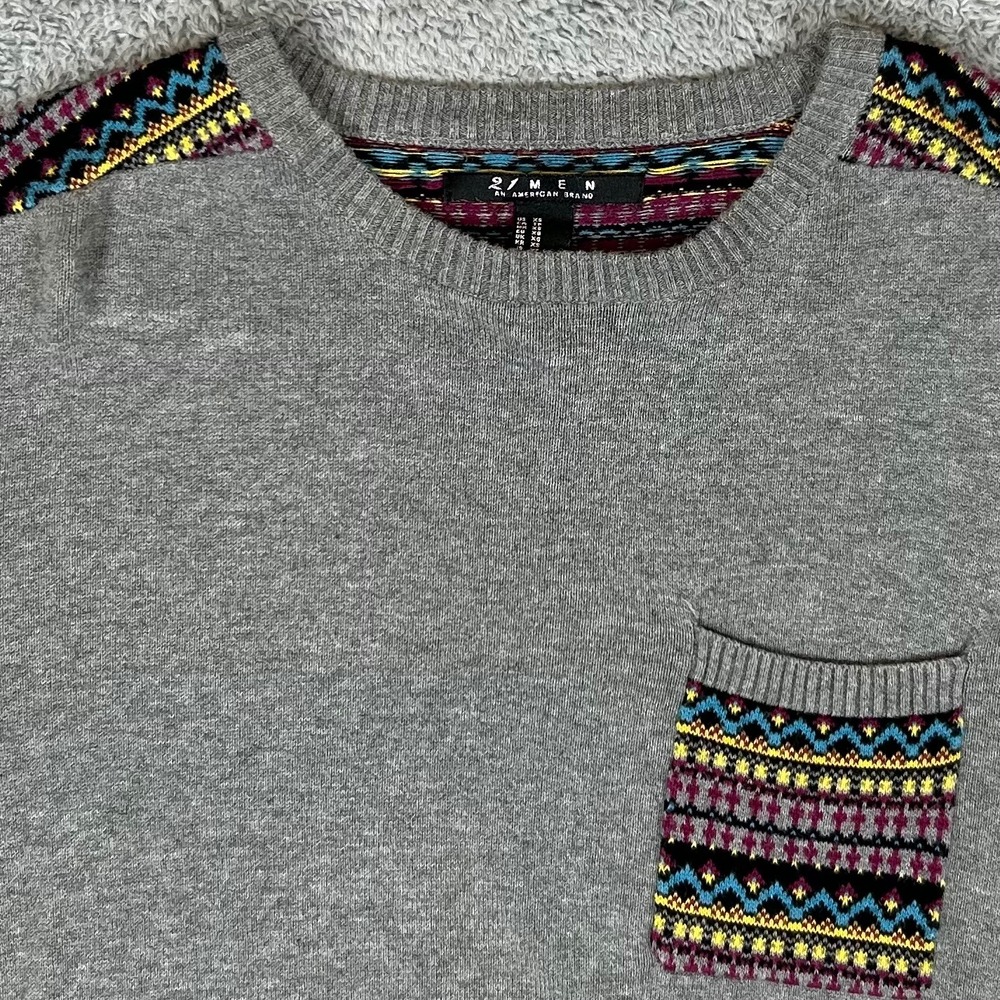 21 Men Gray Cotton Fair Isle Pocket Crew Neck Sweater XS 00051074